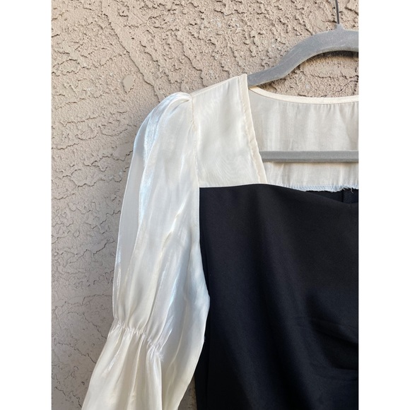 J.ING Black & White Shiny Iridescent Ivory Long Sleeve Ruched Dress Mini Dress M - Picture 10 of 17